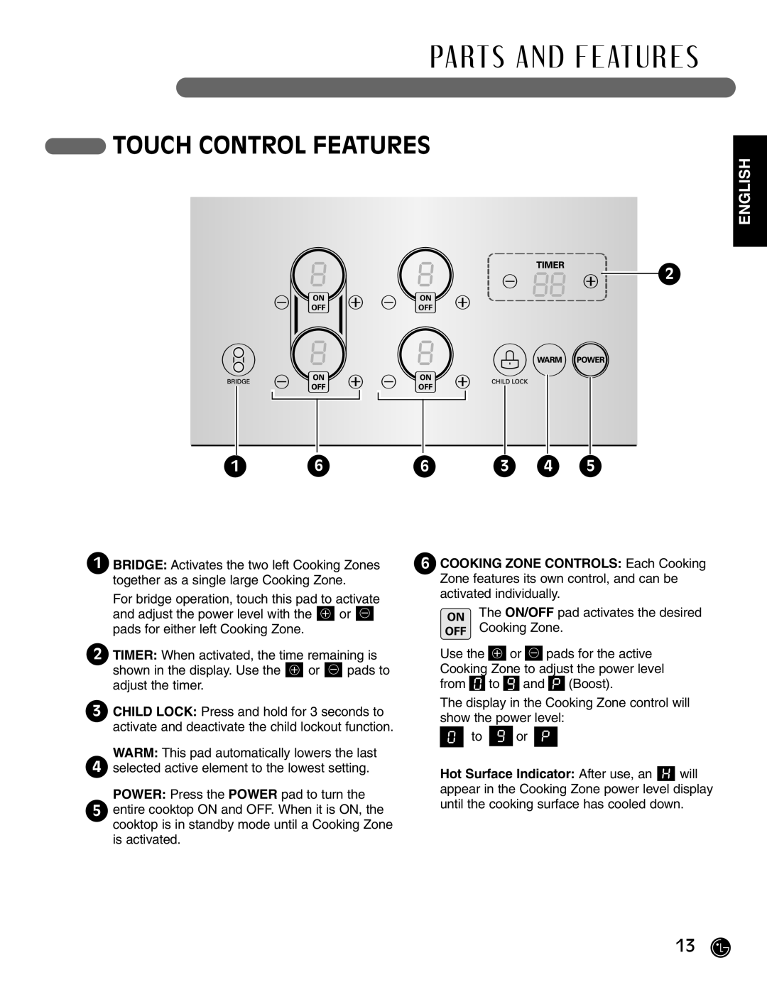 LG Electronics HN7413AG, LCE30845 installation instructions Touch Control Features, Cooking Zone Controls Each Cooking 