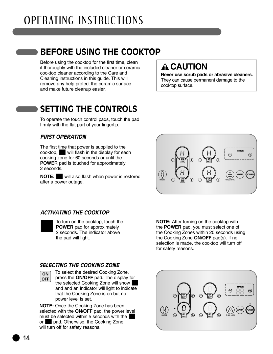 LG Electronics LCE30845, HN7413AG E R At I N G I N S T Ru C T I O N S, Before Using the Cooktop, Setting the Controls 