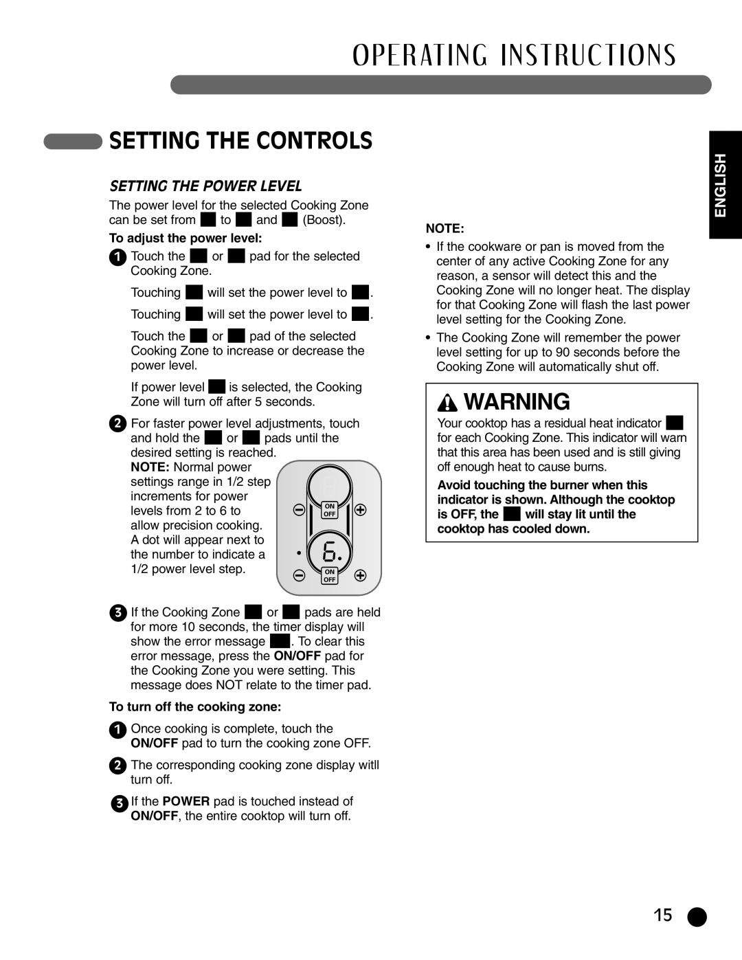 LG Electronics HN7413AG, LCE30845 Setting the Power Level, To adjust the power level, To turn off the cooking zone 