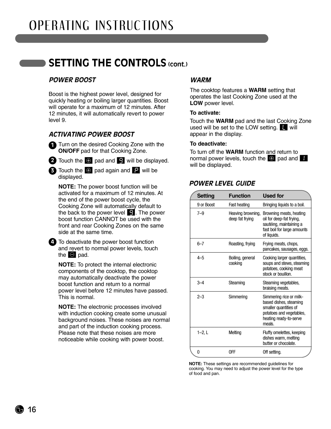 LG Electronics LCE30845, HN7413AG Setting the Controls, Activating Power Boost, Warm, Power Level Guide 