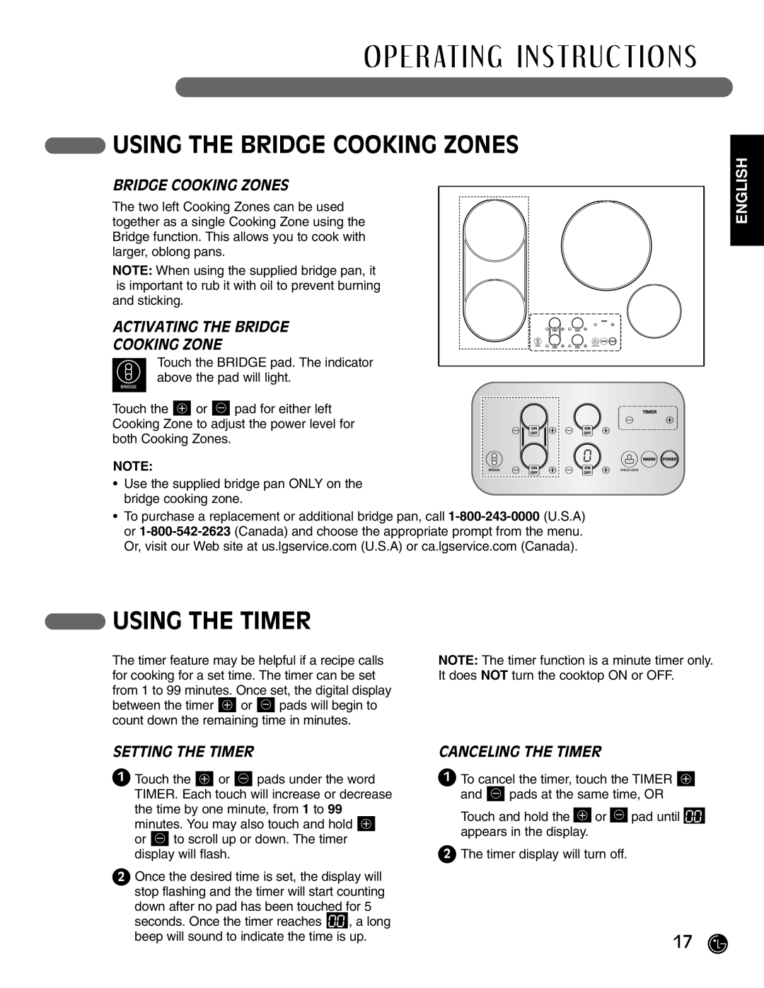 LG Electronics HN7413AG, LCE30845 installation instructions Using the Bridge Cooking Zones, Using the Timer 