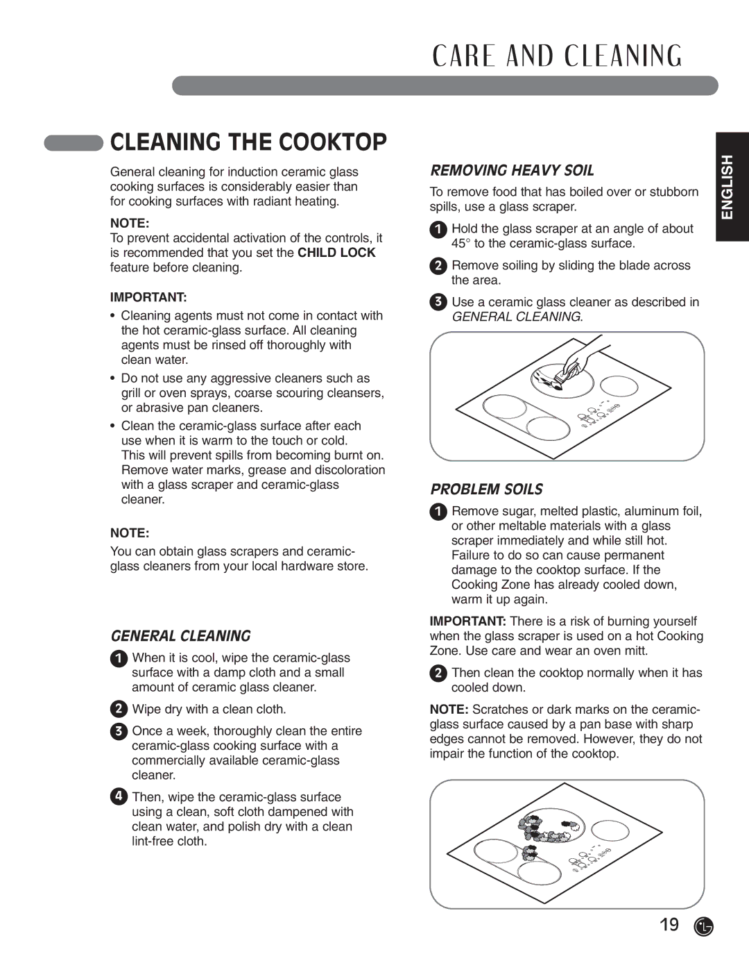 LG Electronics HN7413AG, LCE30845 Cleaning the Cooktop, General Cleaning, Removing Heavy Soil, Problem Soils 