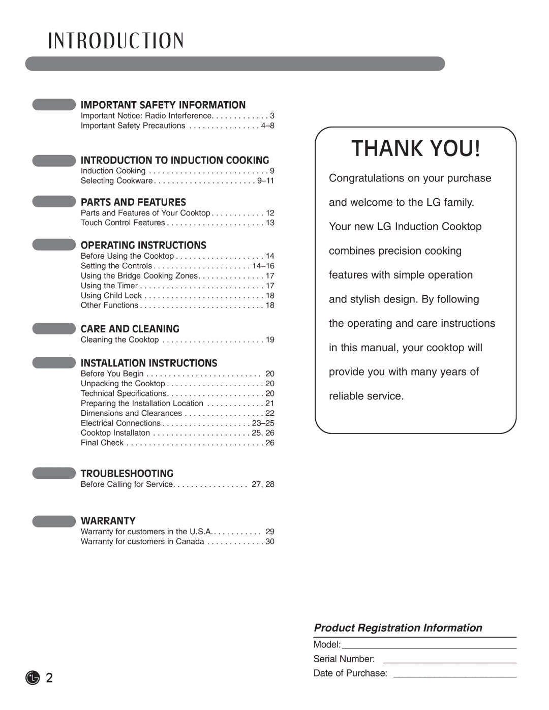 LG Electronics LCE30845, HN7413AG installation instructions T Ro D U C T I O N, Thank YOU 