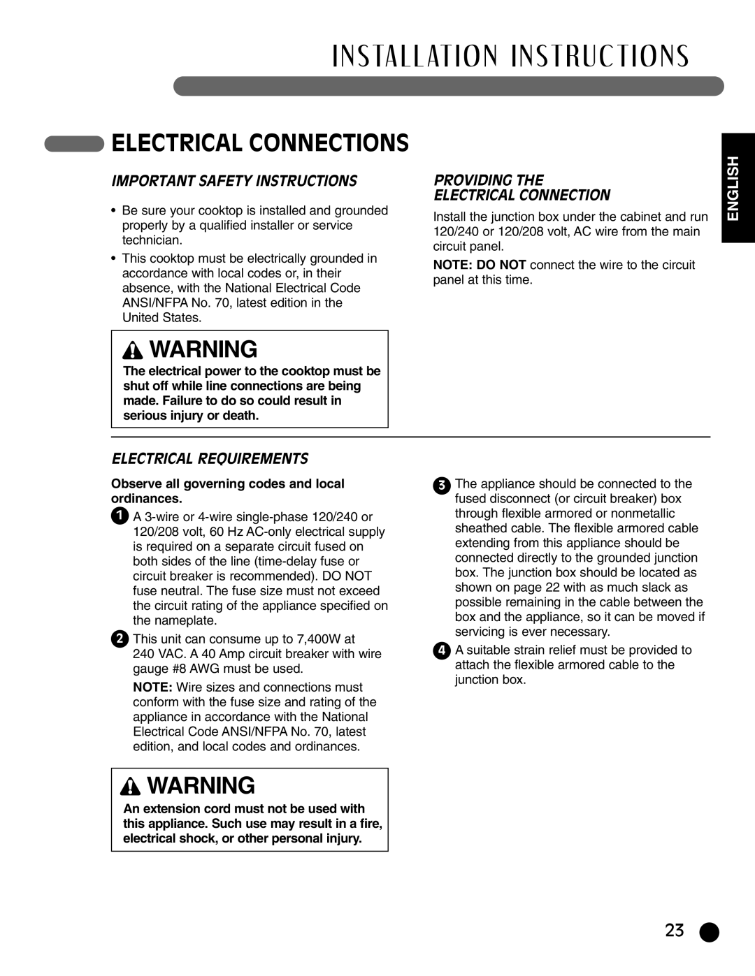 LG Electronics HN7413AG, LCE30845 Electrical Connections, Important Safety Instructions, Providing Electrical Connection 