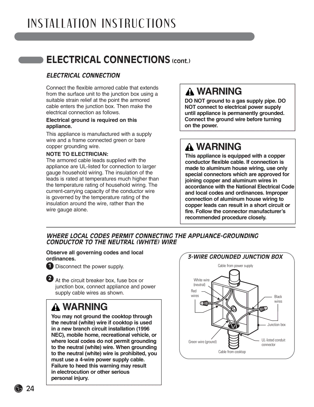 LG Electronics LCE30845, HN7413AG Electrical Connections, Electrical ground is required on this appliance 