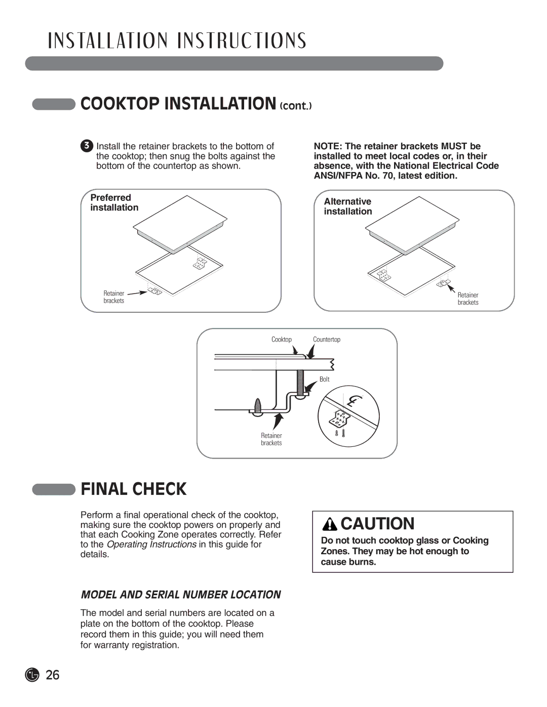 LG Electronics LCE30845, HN7413AG Cooktop Installation, Final Check, Model and Serial Number Location 