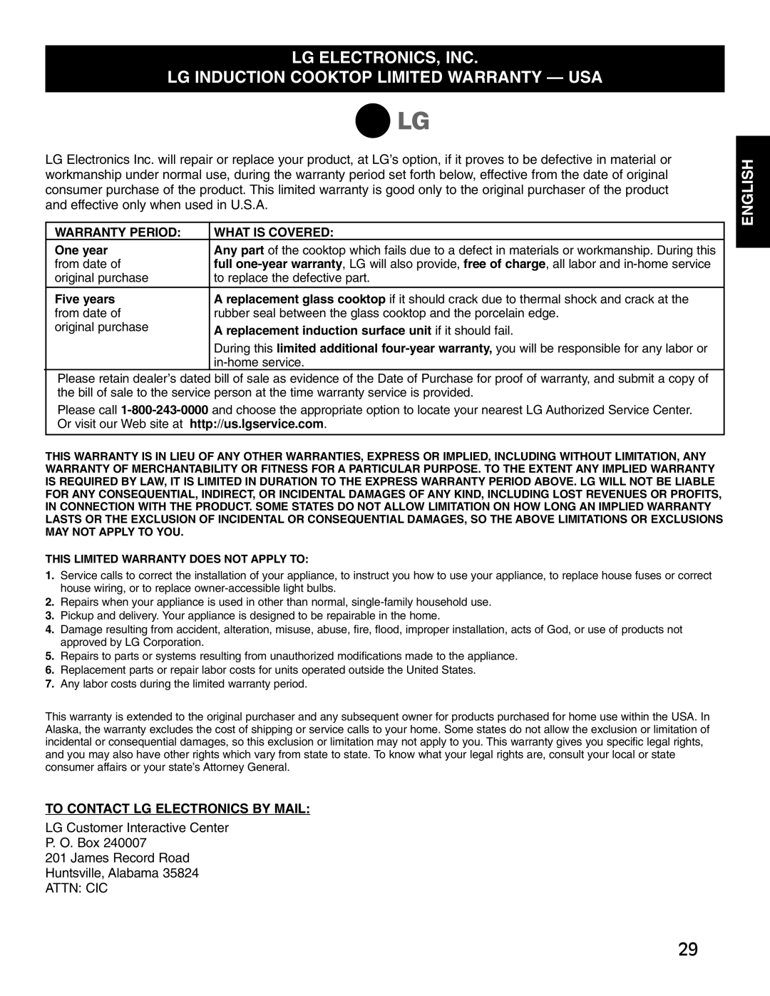 LG Electronics HN7413AG, LCE30845 installation instructions To Contact LG Electronics by Mail 