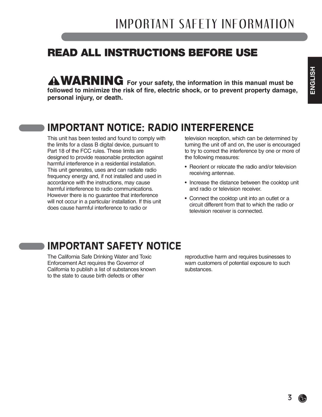 LG Electronics HN7413AG, LCE30845 Read ALL Instructions Before USE, Important Notice Radio Interference 