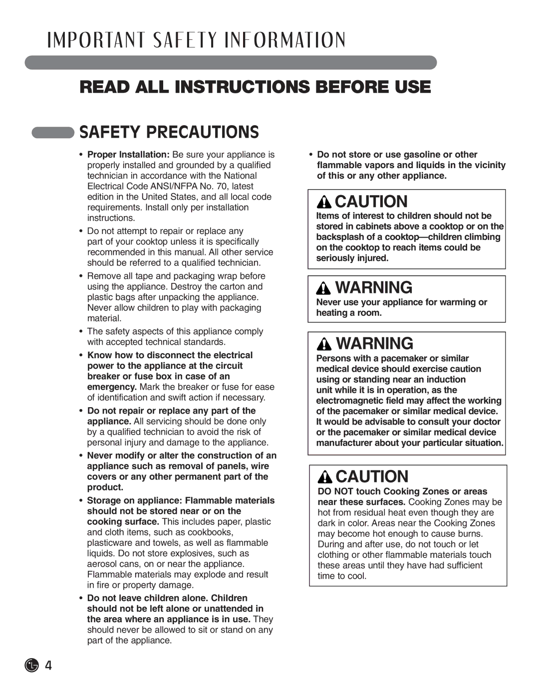 LG Electronics LCE30845, HN7413AG installation instructions P O RTA N T S a F E T Y I N F O R M AT I O N, Safety Precautions 