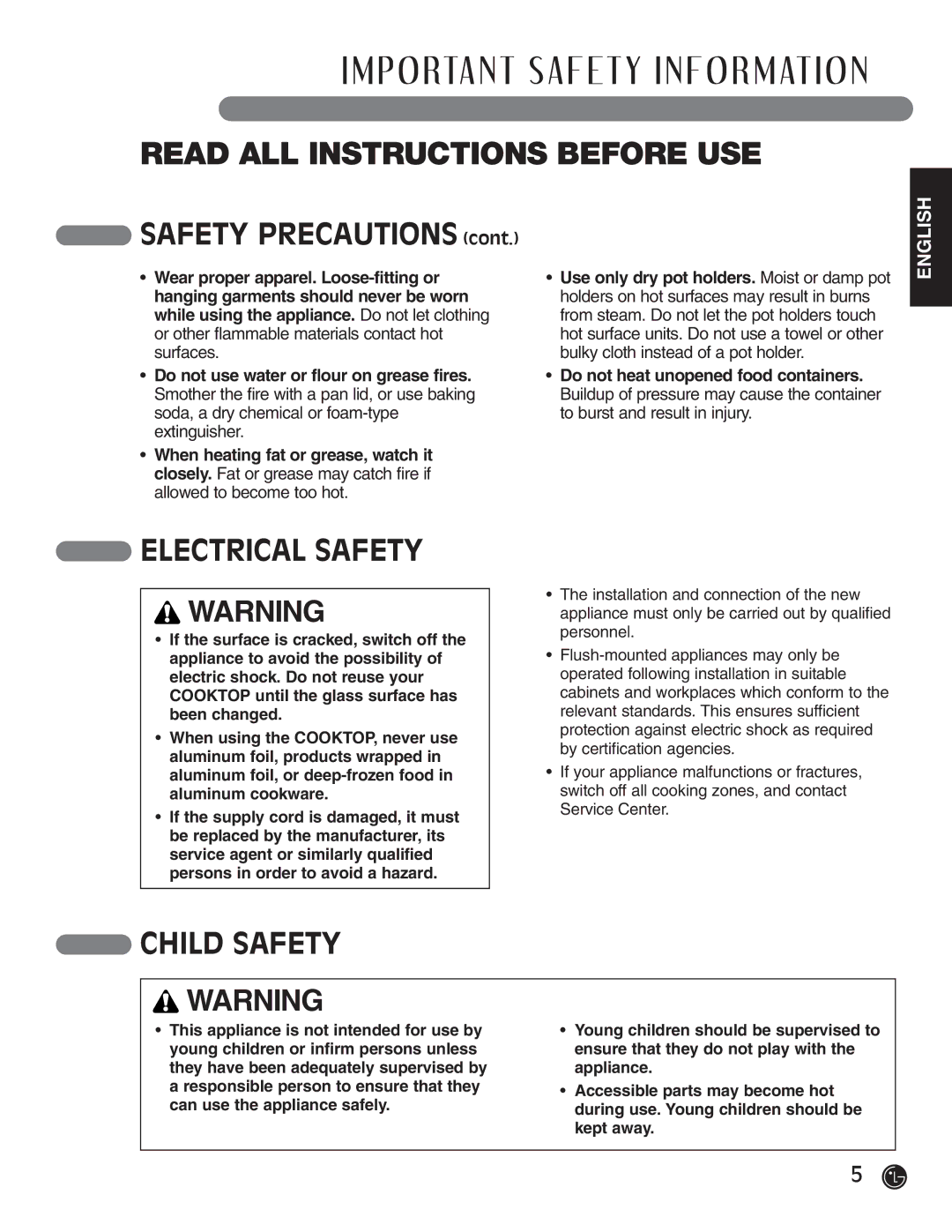 LG Electronics HN7413AG, LCE30845 installation instructions Safety Precautions, Electrical Safety, Child Safety 