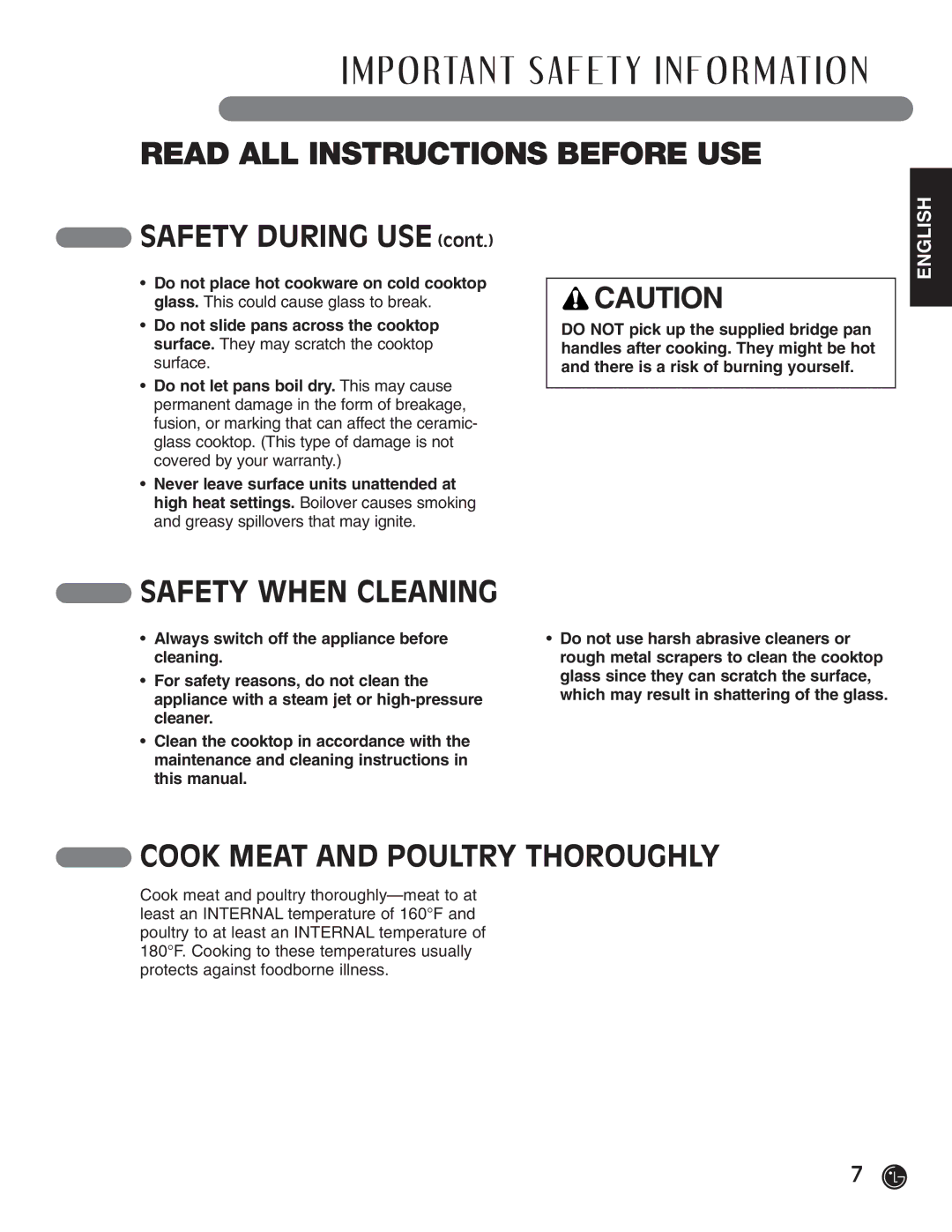 LG Electronics HN7413AG, LCE30845 Safety During USE, Safety When Cleaning, Cook Meat and Poultry Thoroughly 