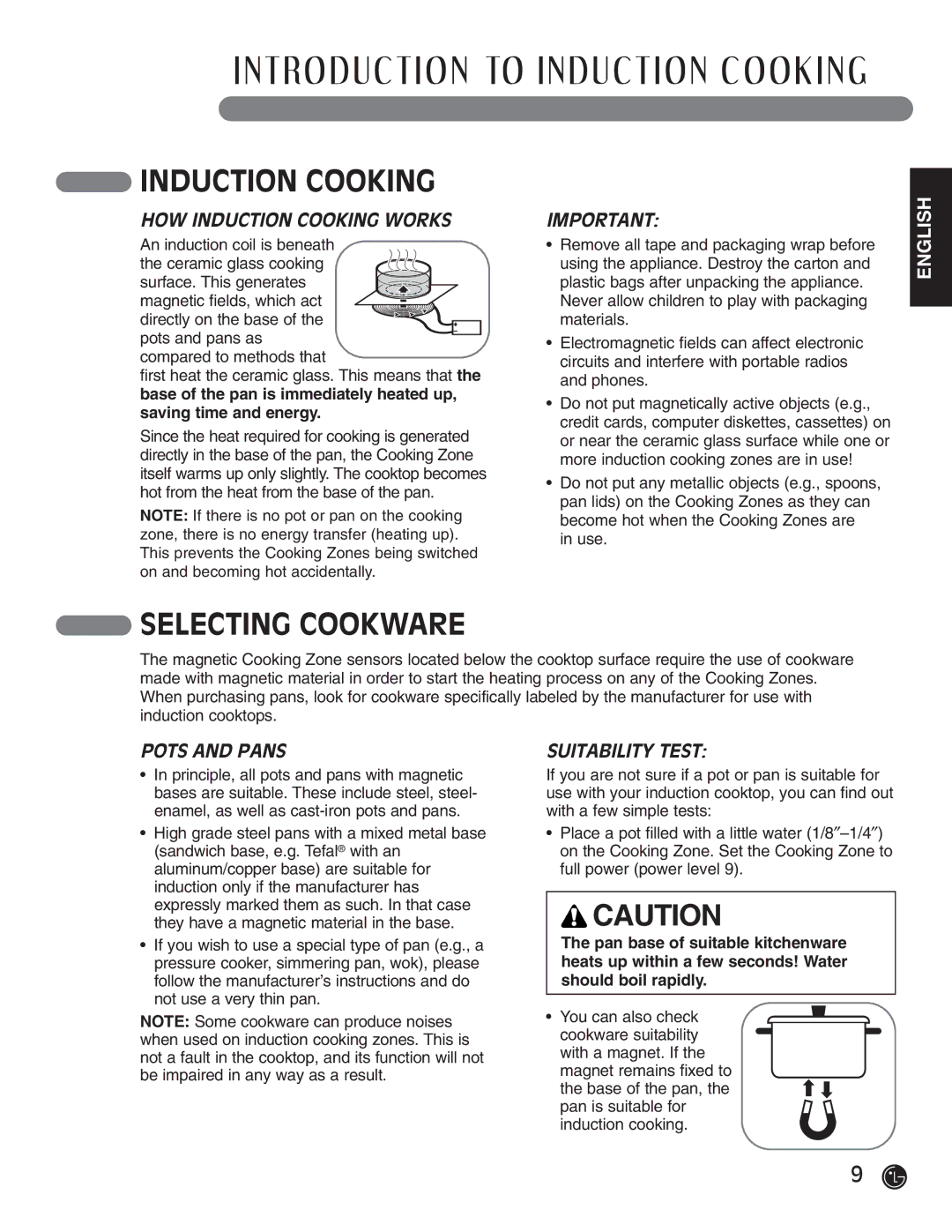 LG Electronics HN7413AG, LCE30845 Selecting Cookware, HOW Induction Cooking Works, Pots and Pans, Suitability Test 