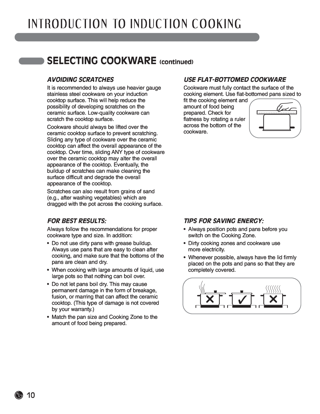 LG Electronics LCE30845, HN7413AG I N T Ro D U C T I O N To I N D U C T I O N C O O K I N G, SELECTING COOKWARE continued 
