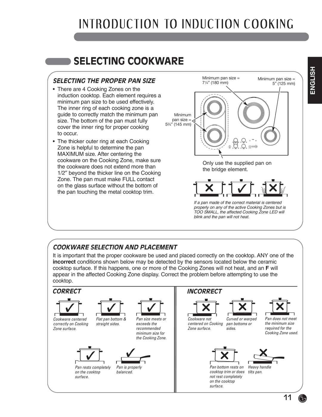LG Electronics HN7413AG Selecting The Proper Pan Size, Cookware Selection And Placement, Correct, Selecting Cookware 