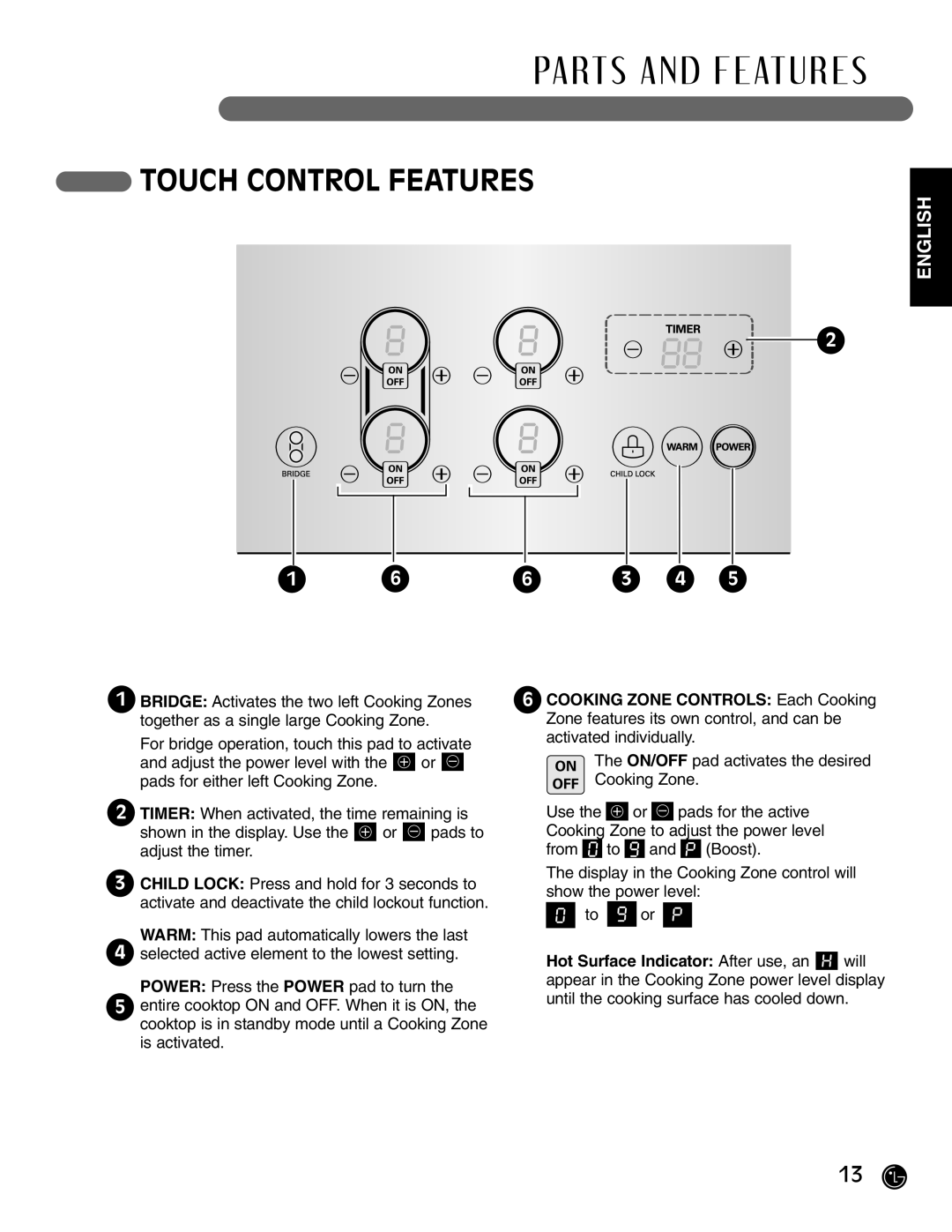 LG Electronics HN7413AG Touch Control Features, Pa Rt S A N D F E At U R E S, English, COOKING ZONE CONTROLS Each Cooking 