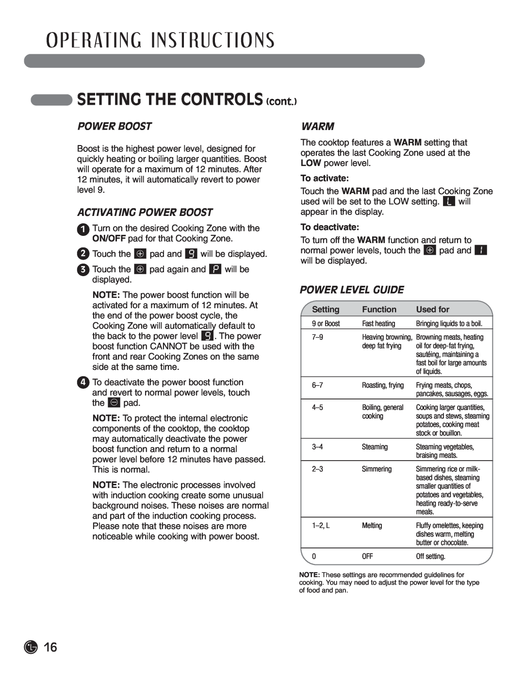 LG Electronics LCE30845 SETTING THE CONTROLS cont, Activating Power Boost, Warm, Power Level Guide, To activate 