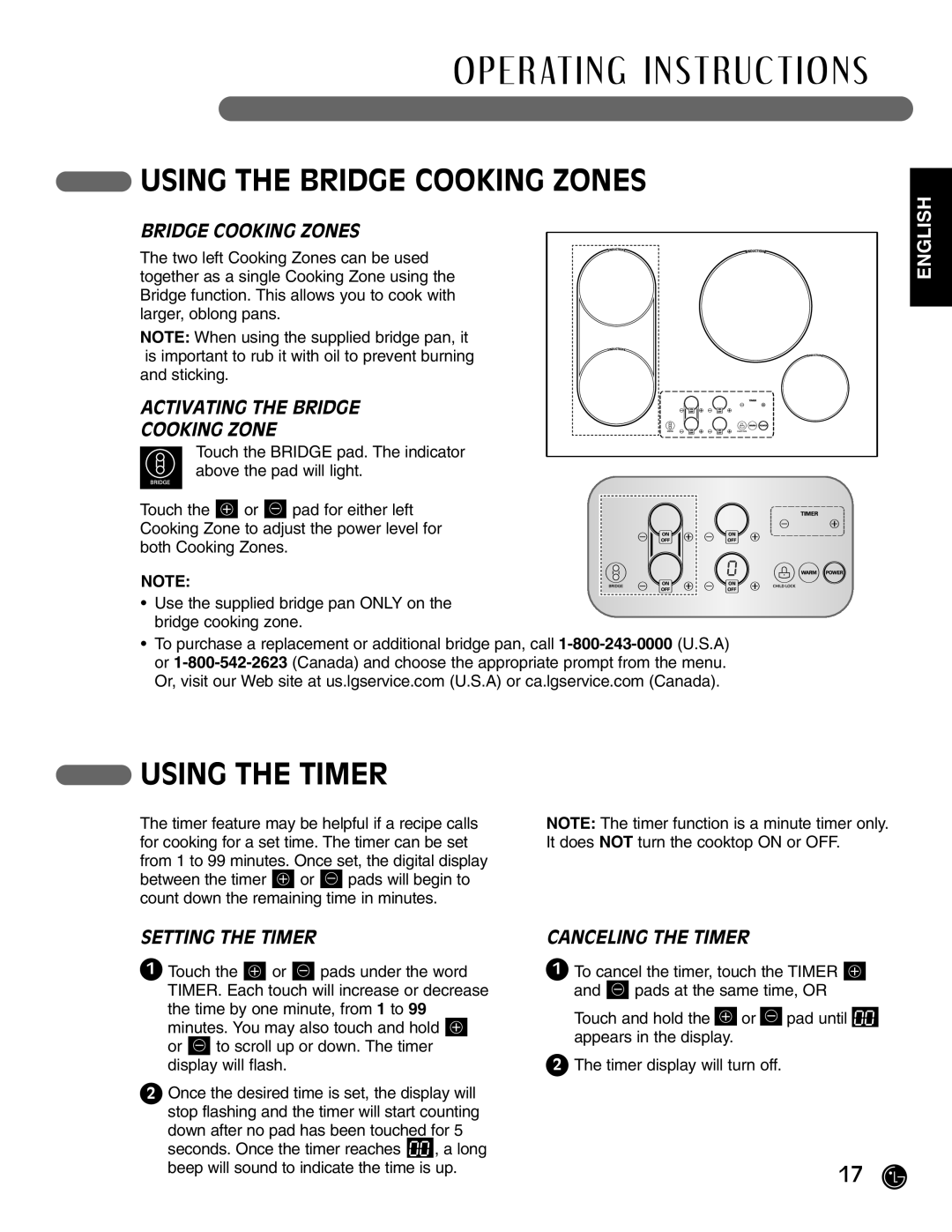LG Electronics HN7413AG Using The Bridge Cooking Zones, Using The Timer, Activating The Bridge Cooking Zone, English 