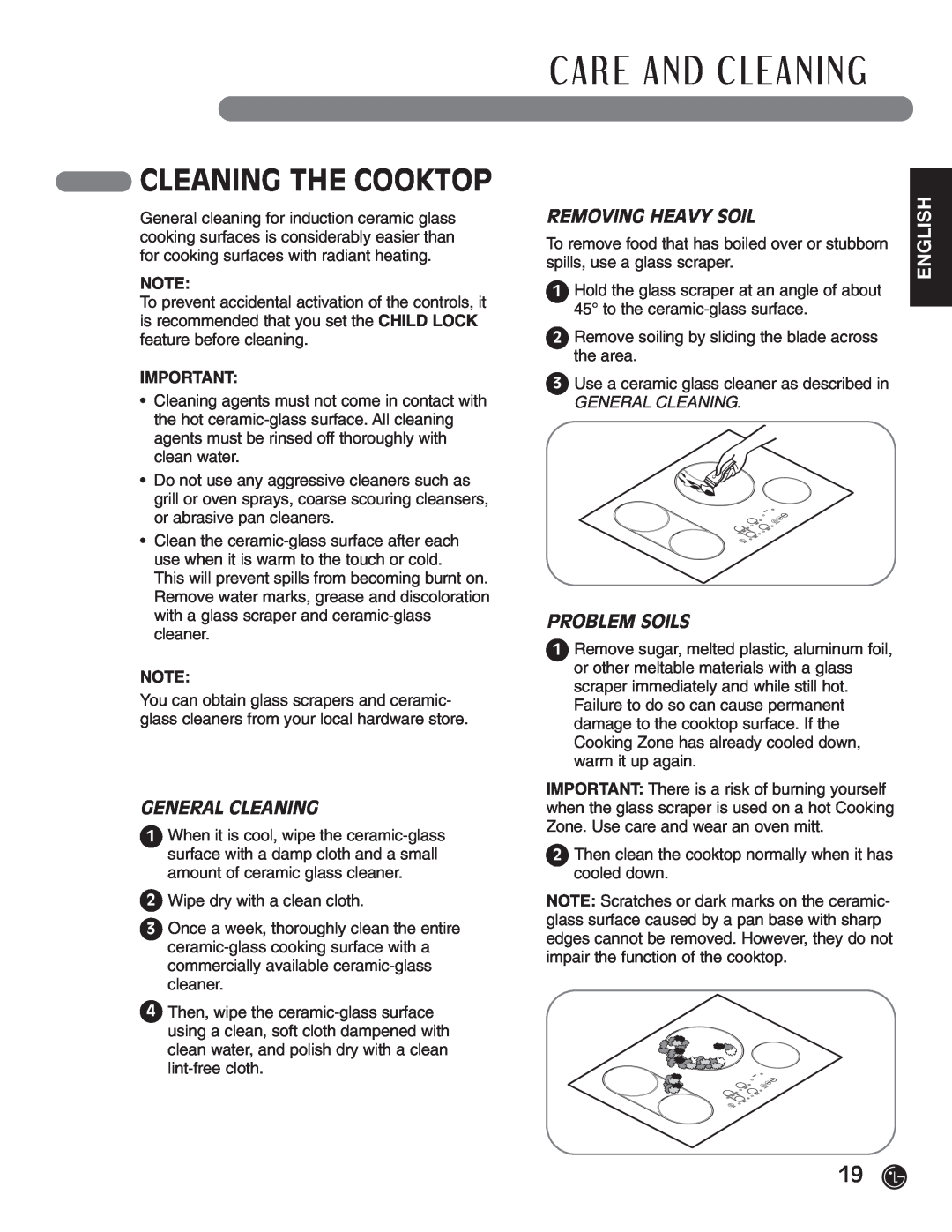 LG Electronics HN7413AG Cleaning The Cooktop, C A R E A N D C L E A N I N G, General Cleaning, Removing Heavy Soil 