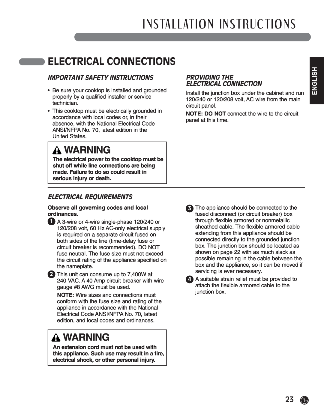 LG Electronics HN7413AG Electrical Connections, Important Safety Instructions, Providing The Electrical Connection 