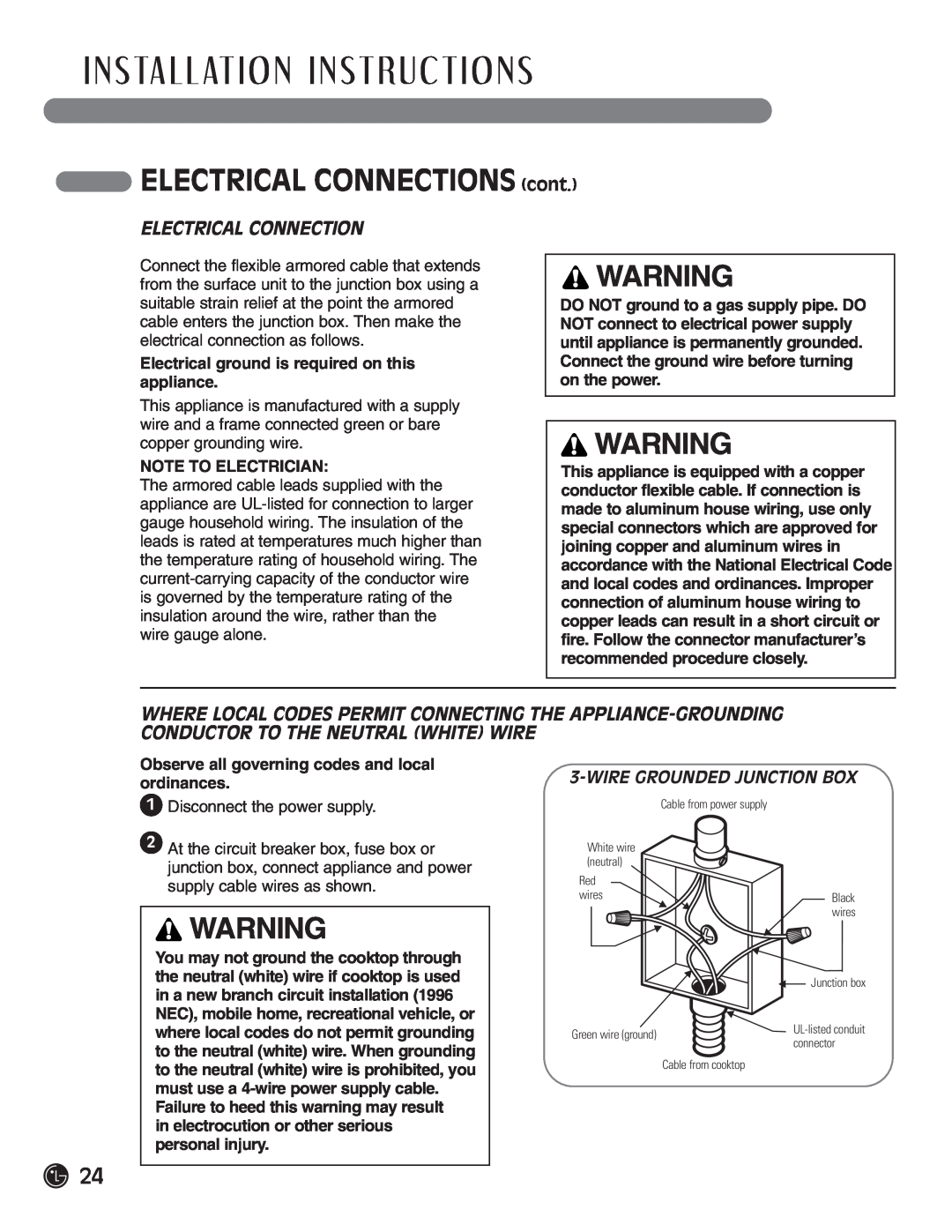 LG Electronics LCE30845, HN7413AG ELECTRICAL CONNECTIONS cont, Electrical Connection, Wire Grounded Junction Box 