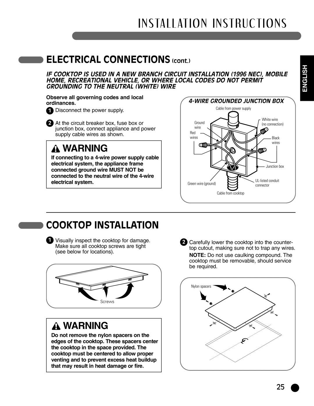 LG Electronics HN7413AG, LCE30845 Cooktop Installation, Wire Grounded Junction Box, ELECTRICAL CONNECTIONS cont, English 