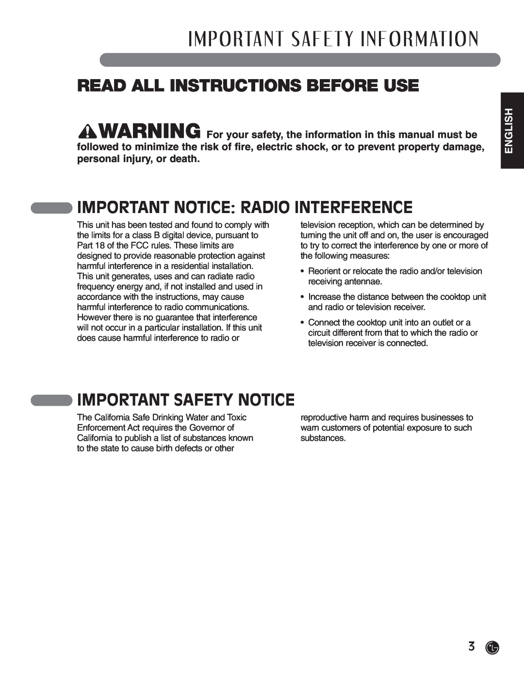 LG Electronics HN7413AG Read All Instructions Before Use, Important Notice Radio Interference, Important Safety Notice 