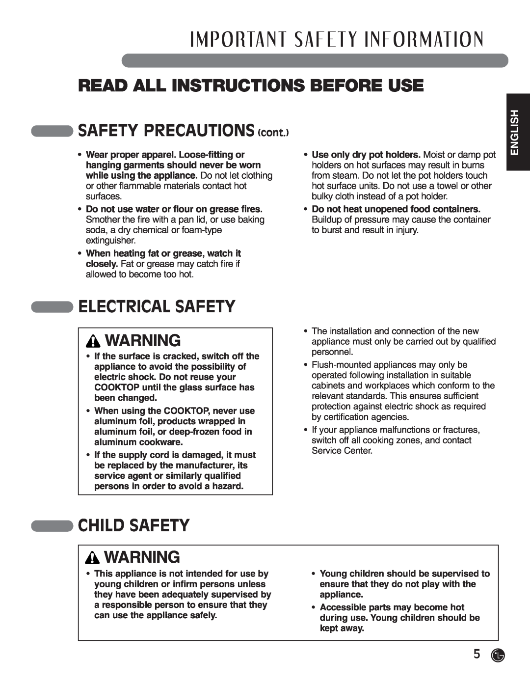 LG Electronics HN7413AG SAFETY PRECAUTIONS cont, Electrical Safety, Child Safety, Read All Instructions Before Use 
