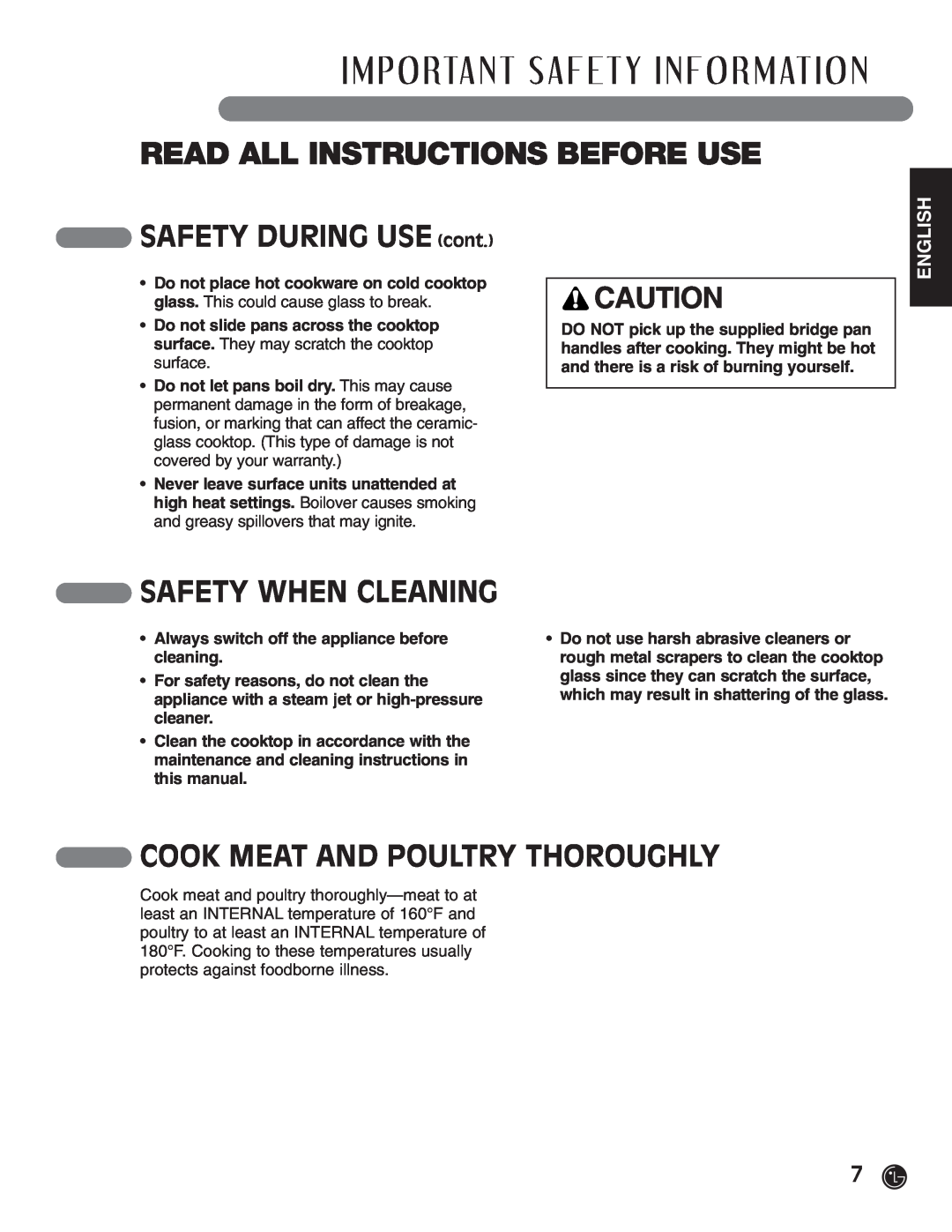 LG Electronics HN7413AG, LCE30845 SAFETY DURING USE cont, Safety When Cleaning, Cook Meat And Poultry Thoroughly, English 