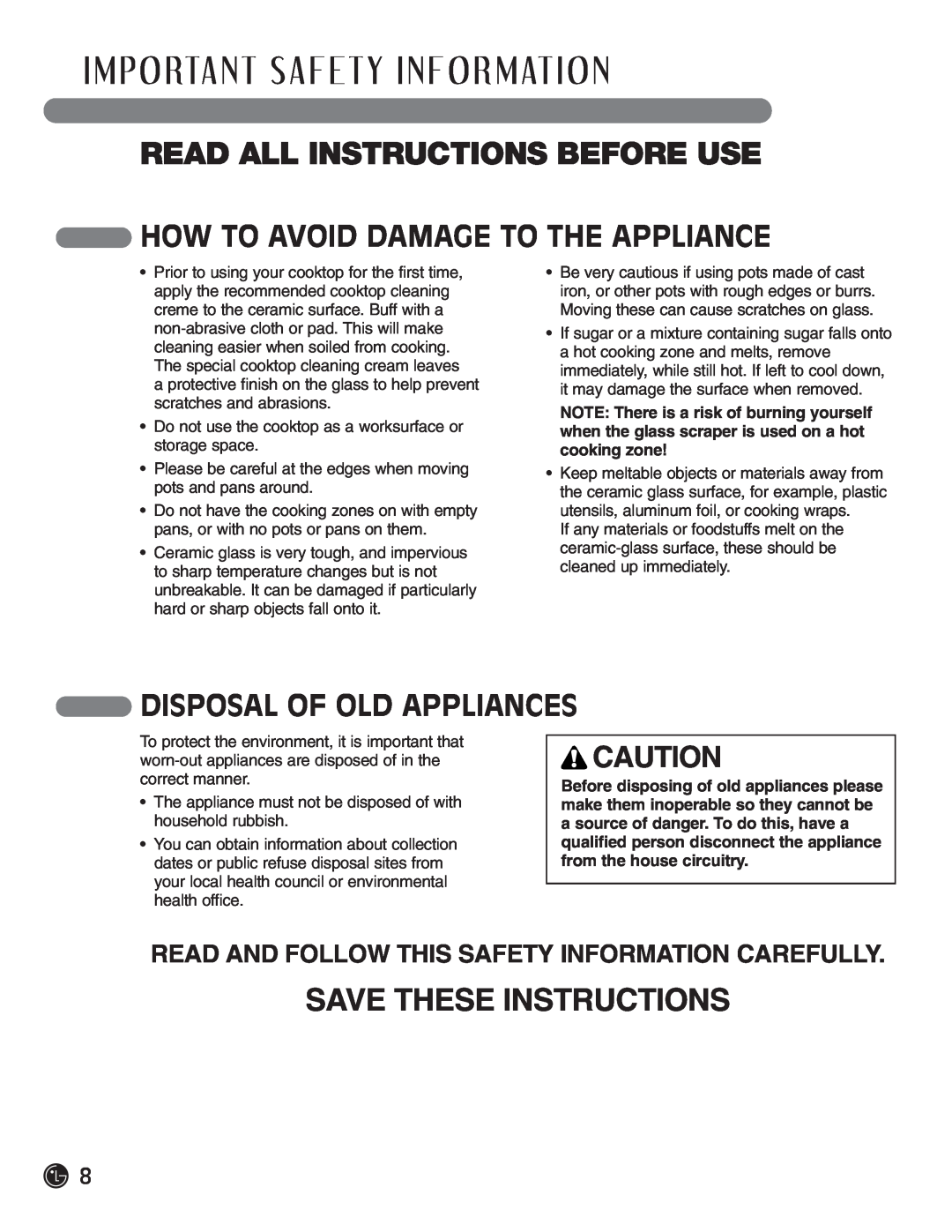 LG Electronics LCE30845 How To Avoid Damage To The Appliance, Disposal Of Old Appliances, Read All Instructions Before Use 