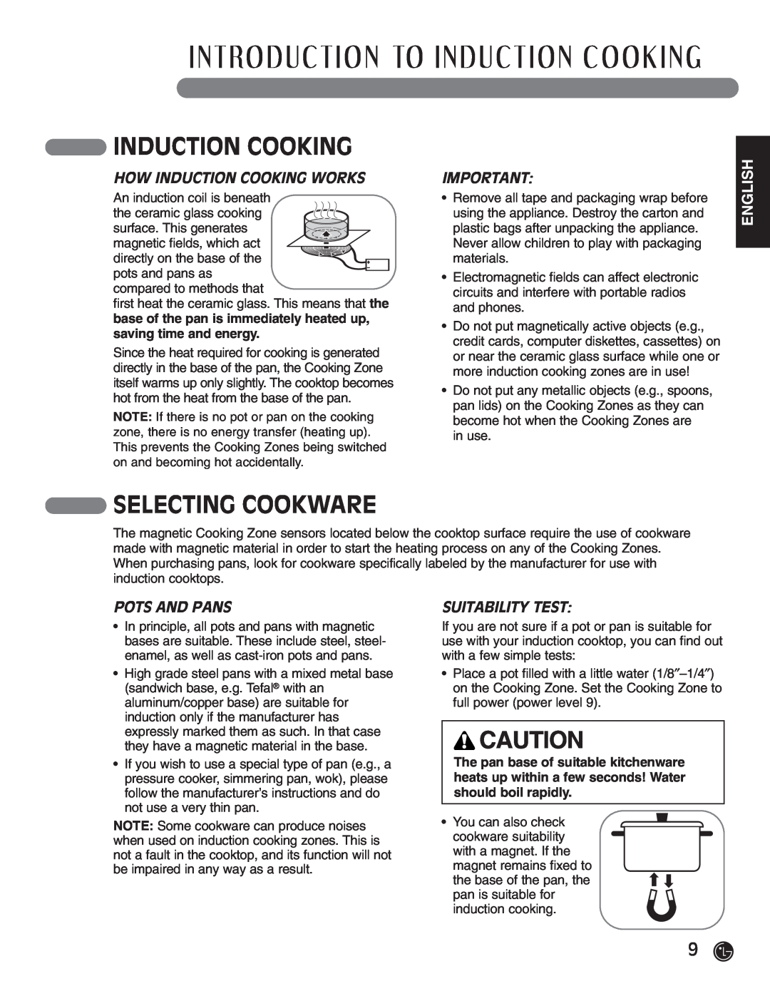 LG Electronics HN7413AG Induction Cooking, Selecting Cookware, I N T Ro D U C T I O N To I N D U C T I O N C O O K I N G 