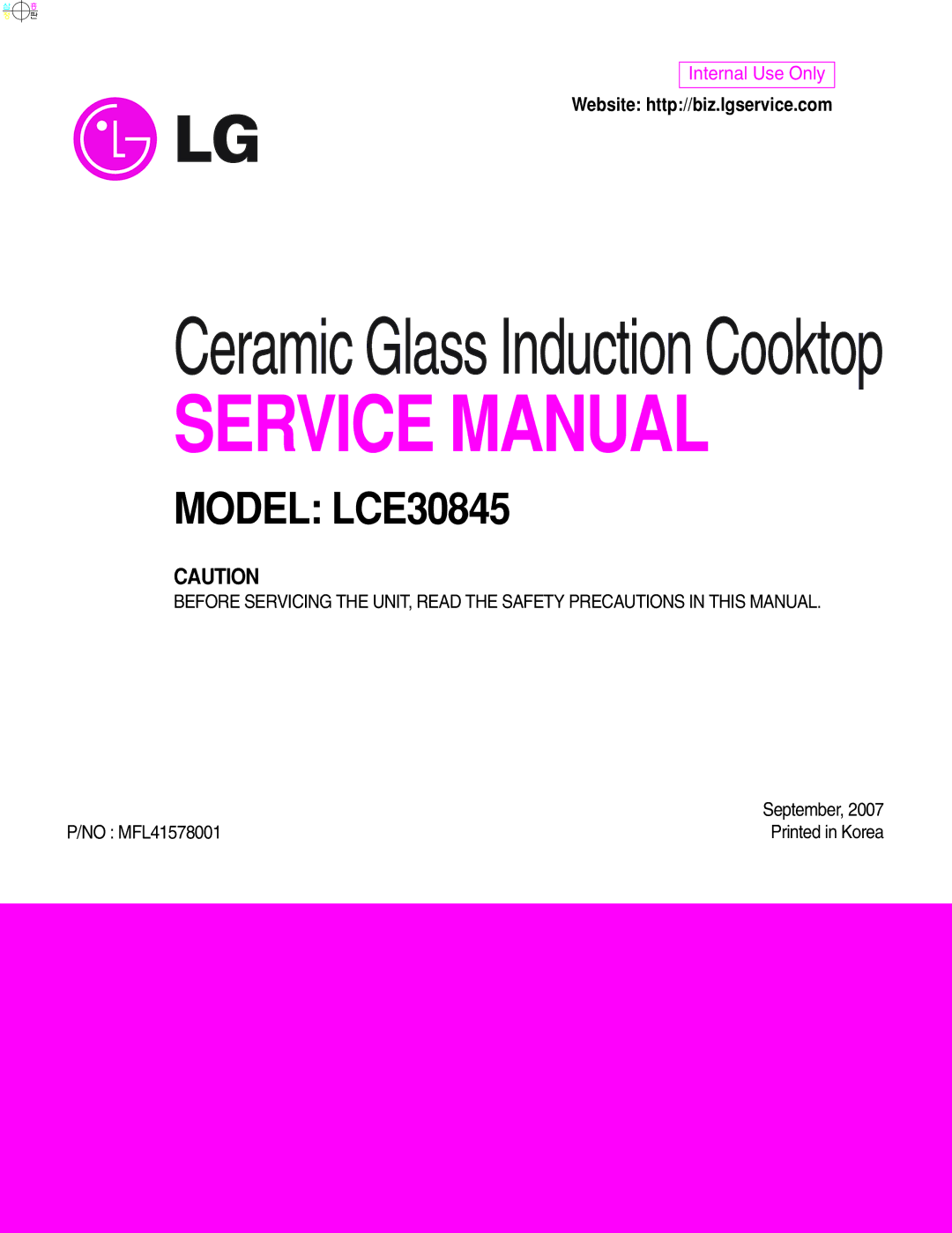 LG Electronics LCE30845 service manual Ceramic Glass Induction Cooktop, Website http//biz.lgservice.com 