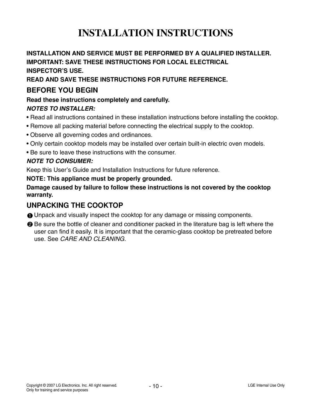 LG Electronics LCE30845 service manual Installation Instructions, Before YOU Begin, Unpacking the Cooktop 