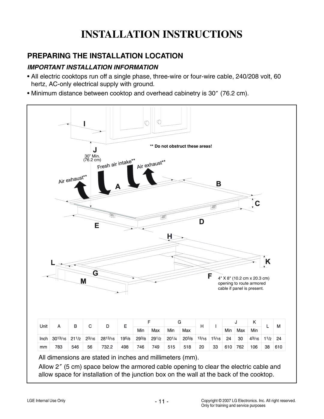 LG Electronics LCE30845 service manual Preparing the Installation Location, Important Installation Information 