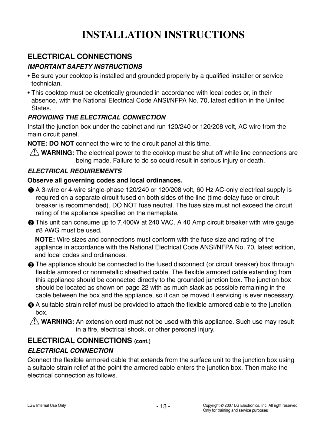 LG Electronics LCE30845 Electrical Connections, Important Safety Instructions, Providing the Electrical Connection 