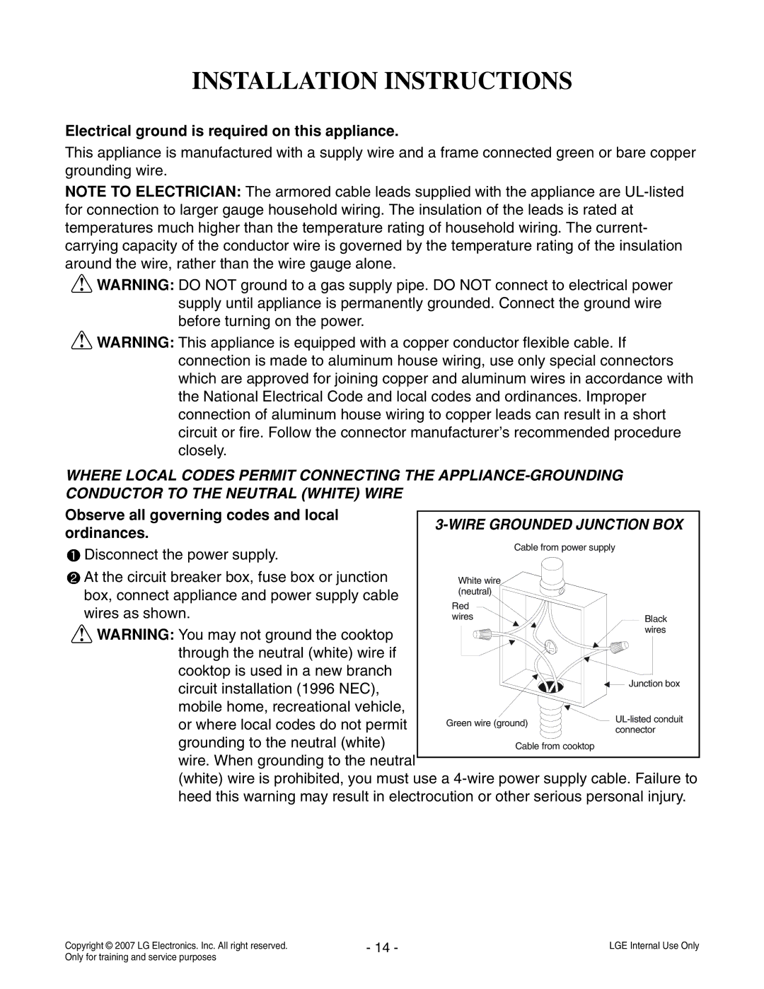 LG Electronics LCE30845 service manual Electrical ground is required on this appliance 