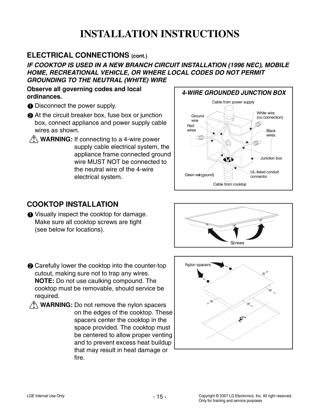 LG Electronics LCE30845 service manual Cooktop Installation, Wire Grounded Junction BOX 