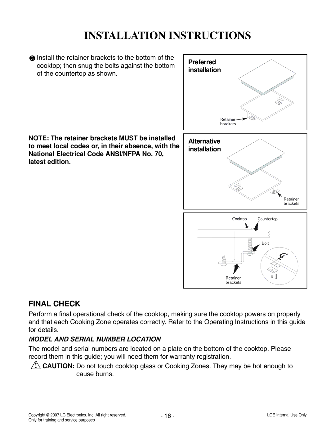 LG Electronics LCE30845 Final Check, Preferred installation Alternative installation, Model and Serial Number Location 