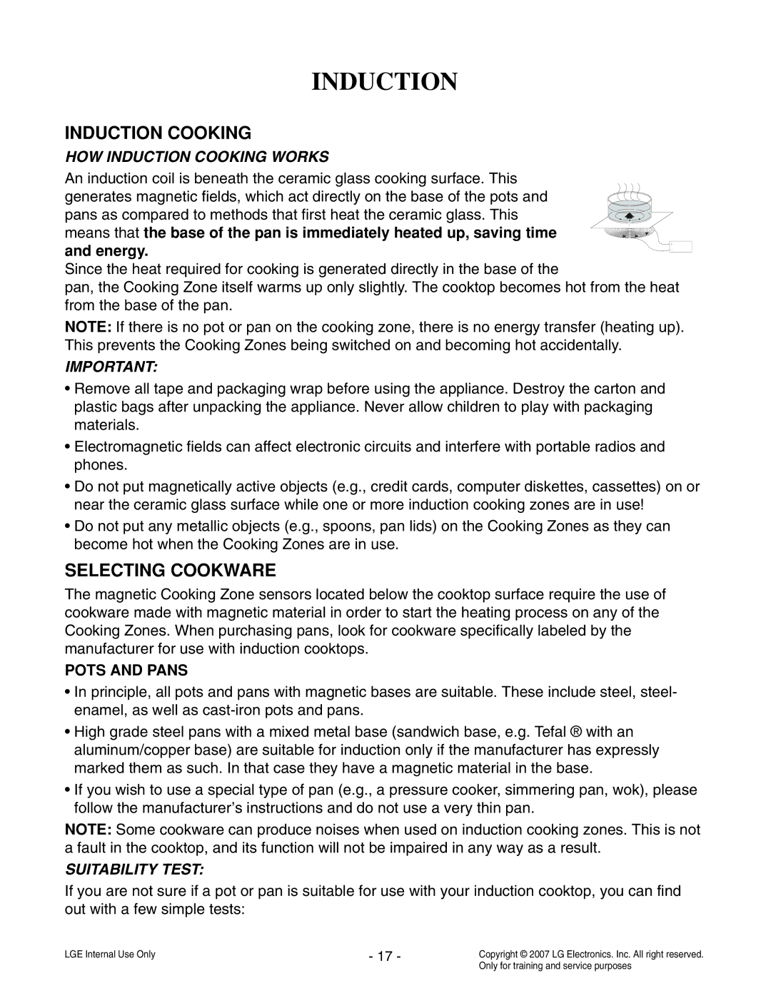 LG Electronics LCE30845 service manual Selecting Cookware, HOW Induction Cooking Works, Suitability Test 