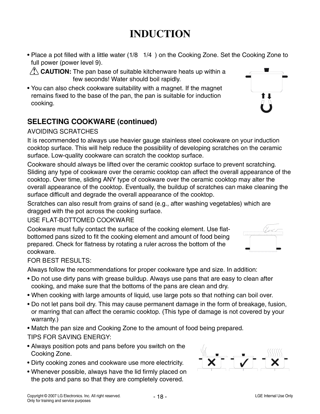 LG Electronics LCE30845 Avoiding Scratches, USE FLAT-BOTTOMED Cookware, For Best Results, Tips for Saving Energy 