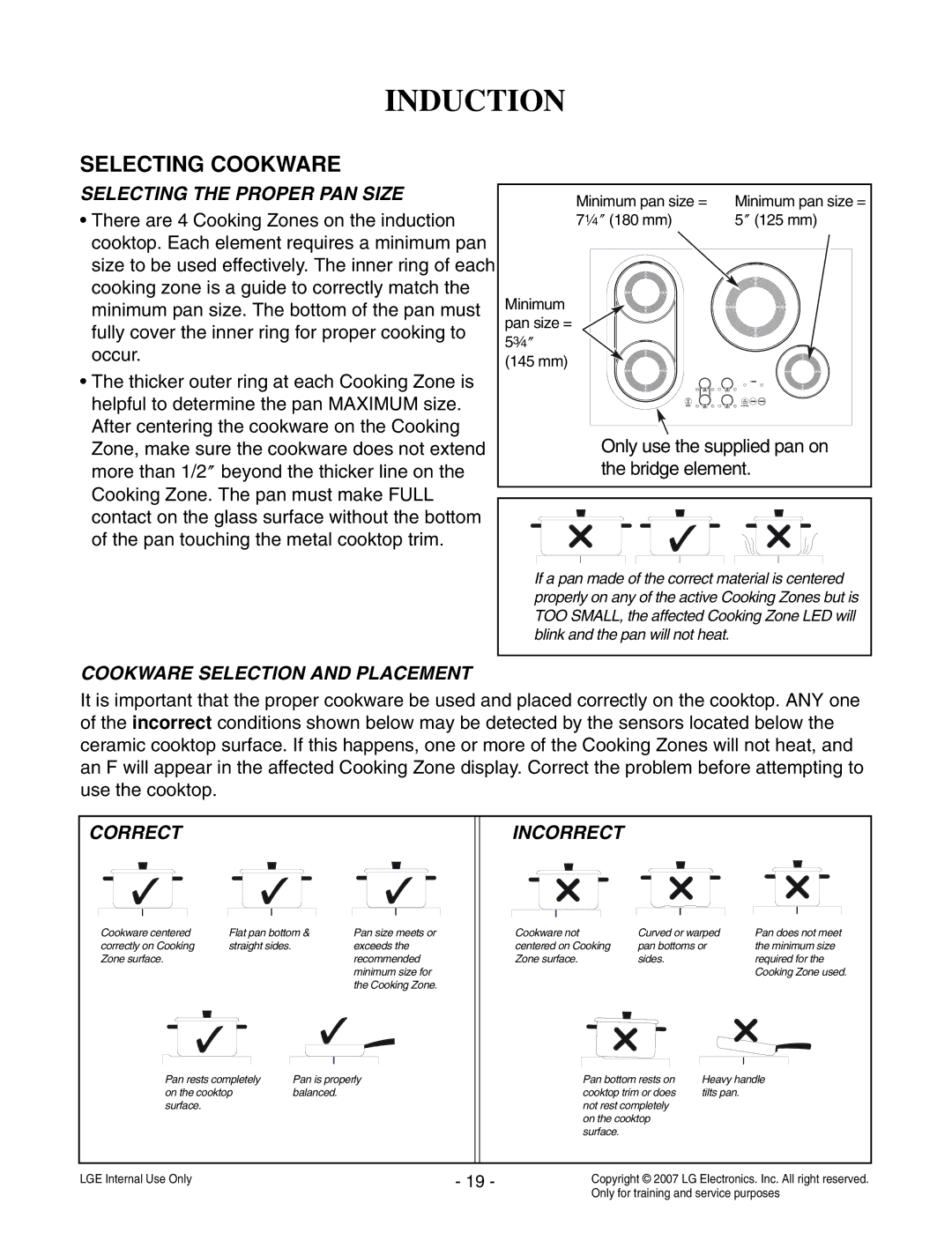 LG Electronics LCE30845 service manual Selecting the Proper PAN Size, Cookware Selection and Placement, Correct, Incorrect 