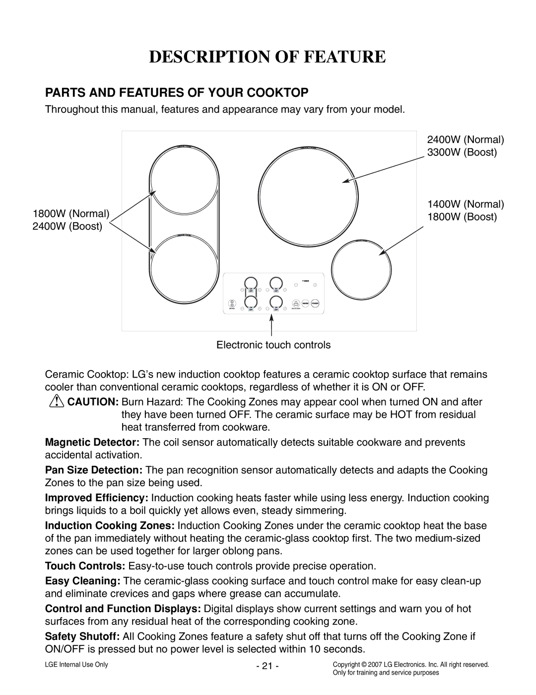 LG Electronics LCE30845 service manual Description of Feature, Parts and Features of Your Cooktop 