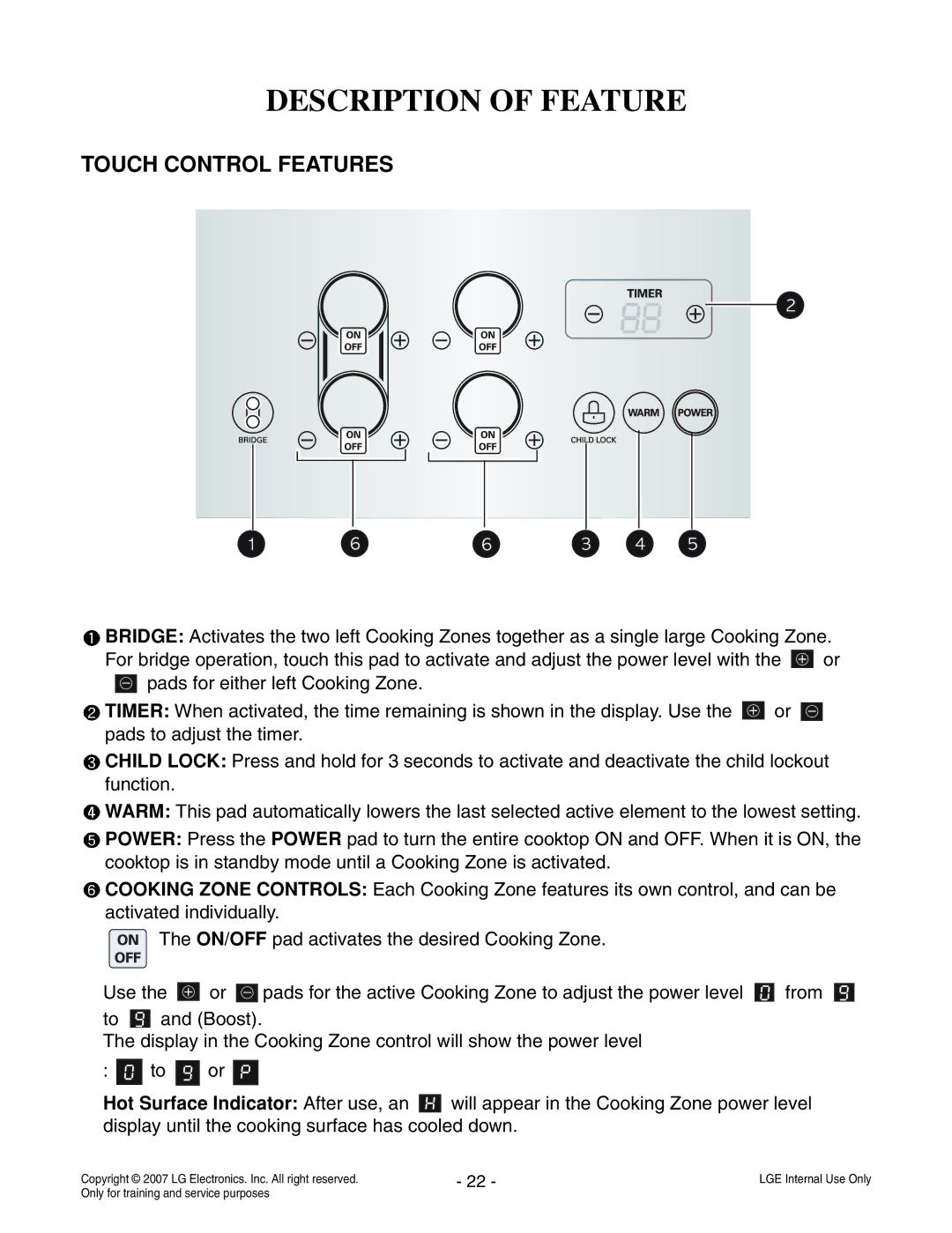 LG Electronics LCE30845 service manual Touch Control Features 