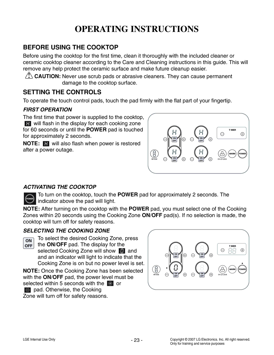 LG Electronics LCE30845 service manual Operating Instructions, Before Using the Cooktop, Setting the Controls 