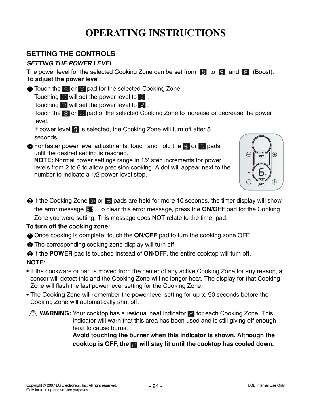 LG Electronics LCE30845 service manual Setting the Power Level, To adjust the power level, To turn off the cooking zone 