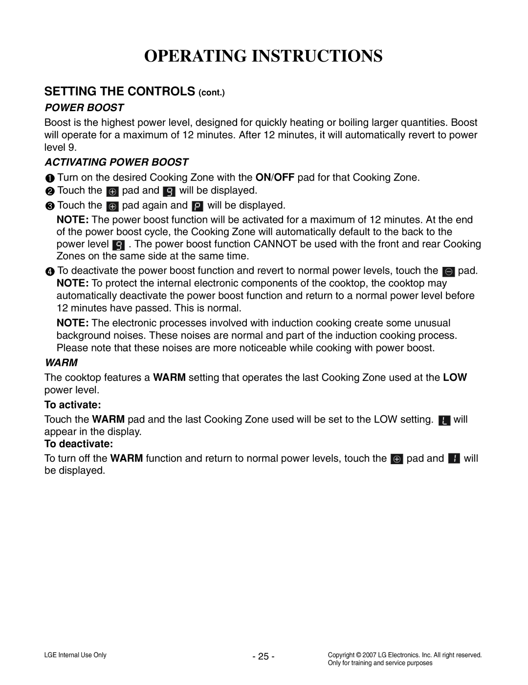 LG Electronics LCE30845 service manual Activating Power Boost, Warm, To activate, To deactivate 