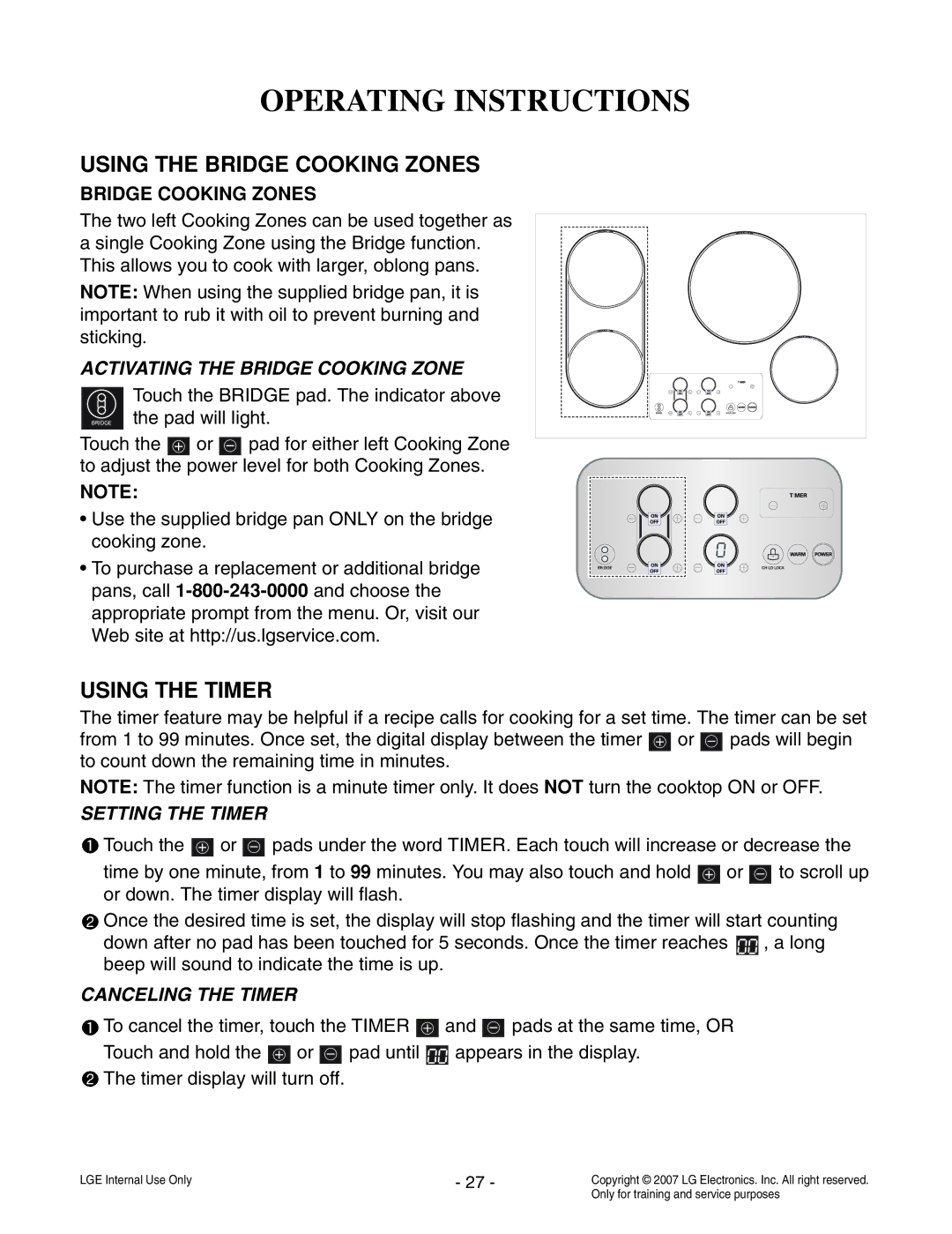 LG Electronics LCE30845 service manual Using the Bridge Cooking Zones, Using the Timer, Activating the Bridge Cooking Zone 