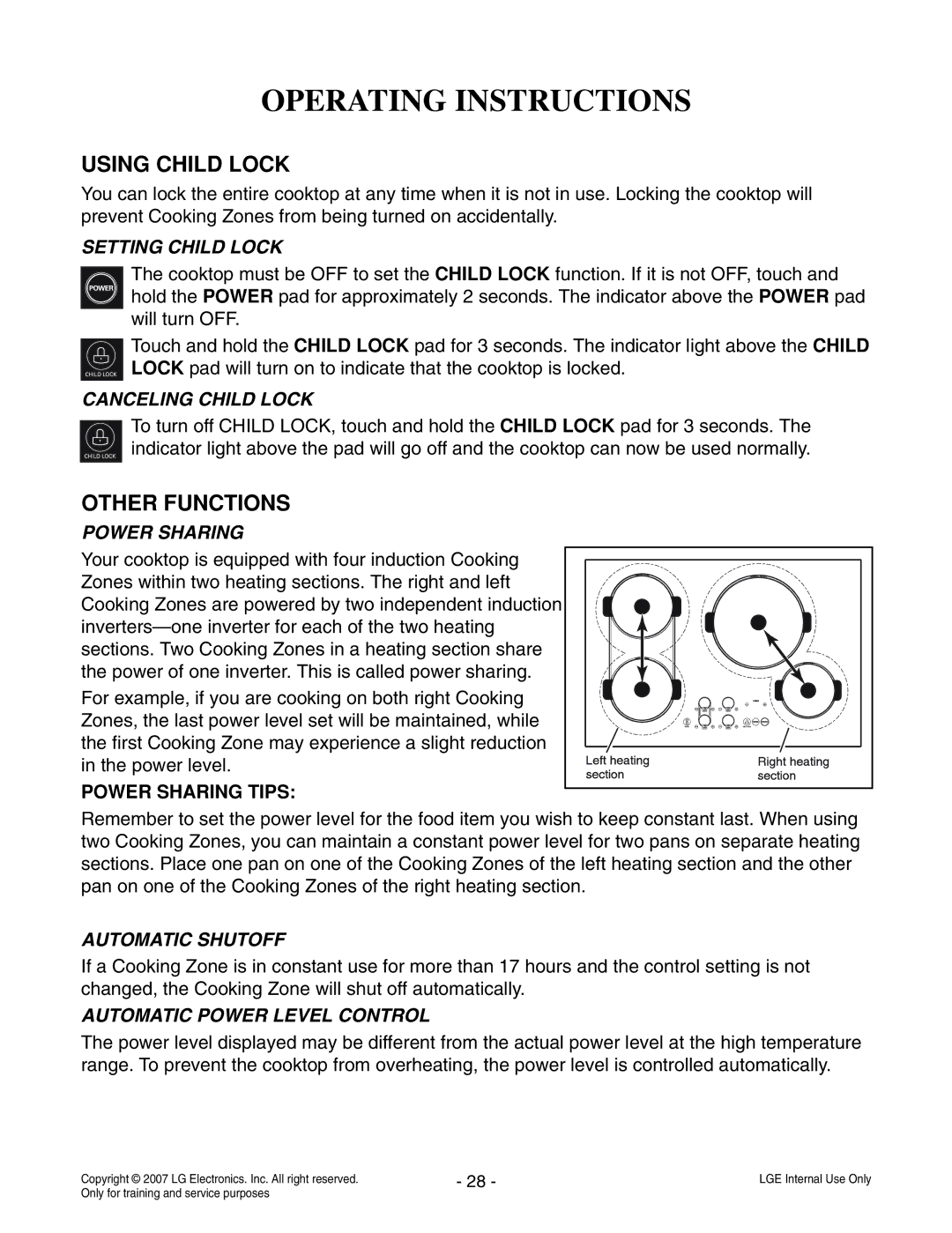 LG Electronics LCE30845 service manual Using Child Lock, Other Functions 