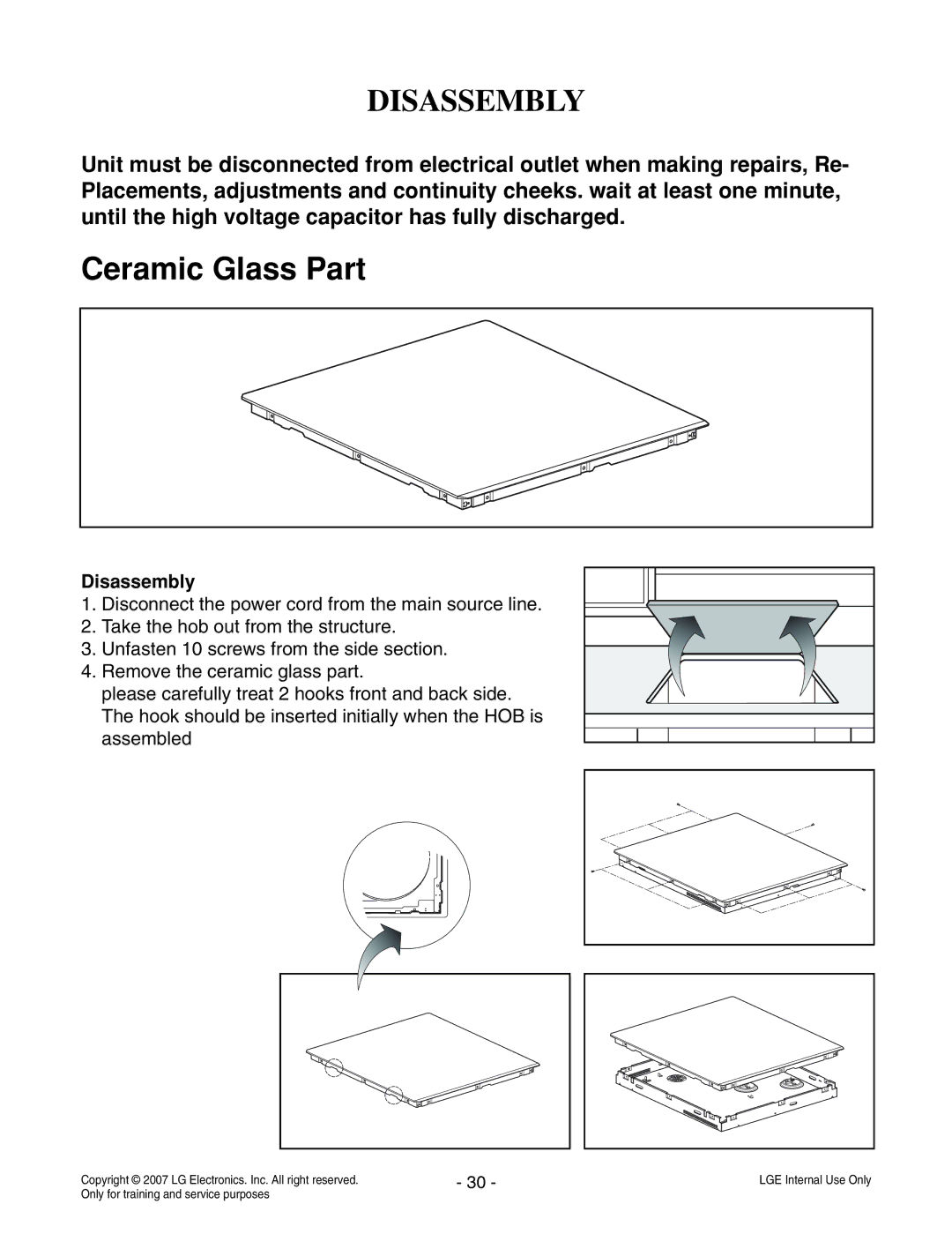 LG Electronics LCE30845 service manual Disassembly, Ceramic Glass Part 