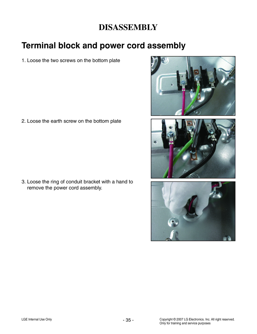 LG Electronics LCE30845 service manual Terminal block and power cord assembly 