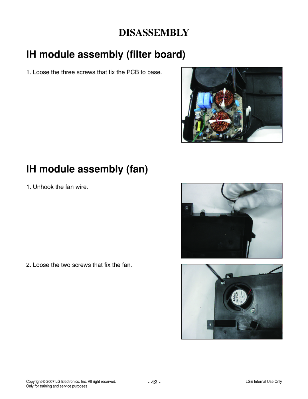 LG Electronics LCE30845 service manual IH module assembly filter board, IH module assembly fan 